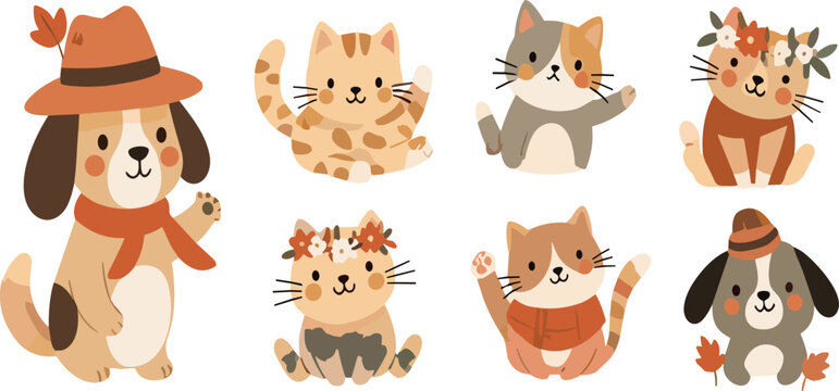 Cute autumn animals collection with cats and dog wearing scarf hat fall season kawaii cartoon vector illustration set isolated