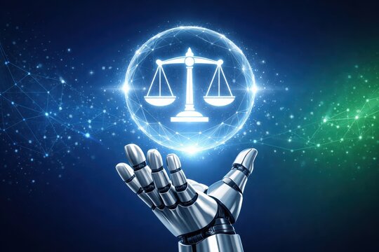 Digital Justice: A futuristic depiction of robotic hand holding a glowing emblem of the scales of justice, set against a backdrop of binary connections.