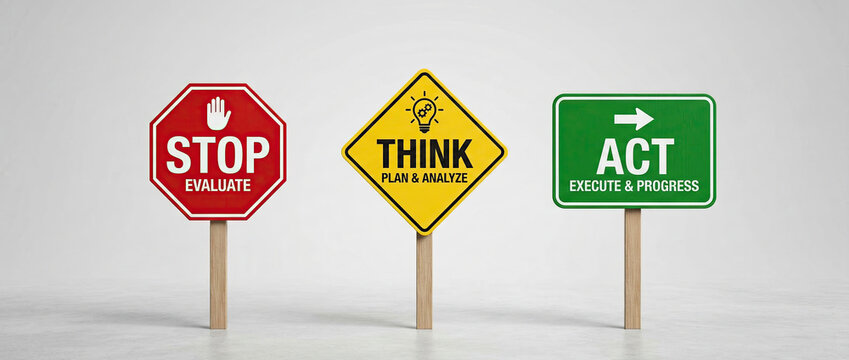 Stop Think Act Decision Strategy Concept with Colorful Road Signs