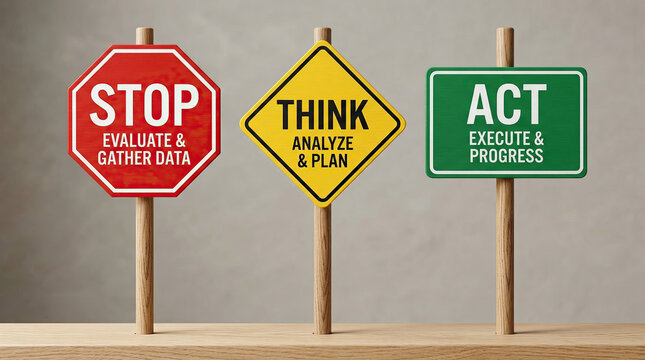 Stop Think Act Decision Strategy Concept with Colorful Road Signs