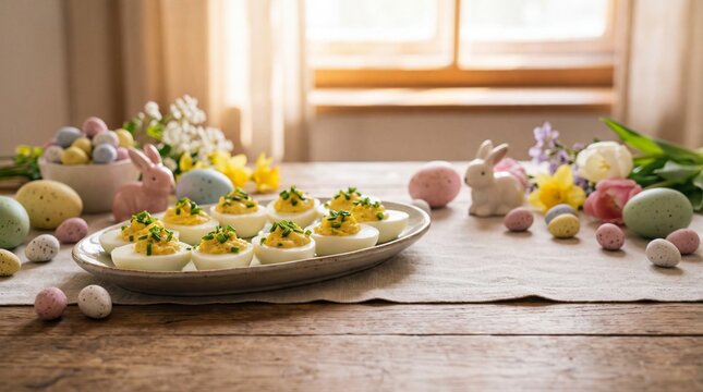 Easter Deviled Eggs and Decorations: A vibrant Easter table setting, featuring artfully arranged deviled eggs alongside festive decorations like pastel-colored eggs and springtime flowers.
