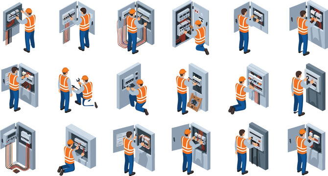 Comprehensive isometric vector set of professional electricians in high-visibility vests performing maintenance, repair, and wiring on industrial electrical control panels and circuit breaker boxes.