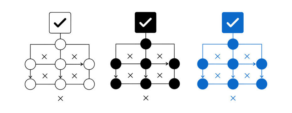 Set of 3 Workflow Automation and Decision Tree Icons Vector in Outline Solid and Blue Flat Style for Business Logic