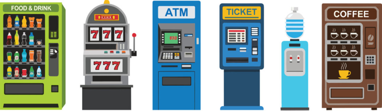 Flat vector illustration of automated self-service terminals including snacks and drinks vending machine, casino slot machine, bank ATM, ticket kiosk, water dispenser, and coffee maker.