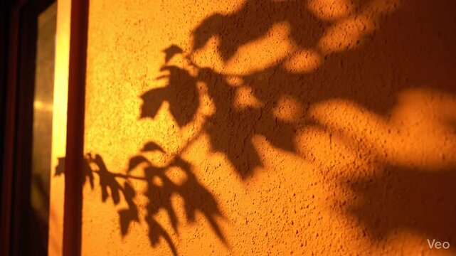 Artistic abstract shadow of tropical foliage leaf cast by warm morning sunlight onto a textured vivid orange interior plaster wall surface creating an organic silhouette pattern backdrop.