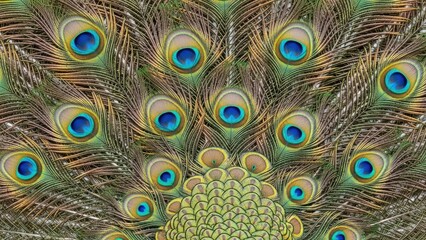 Obraz premium A vibrant peacock displays its colorful feathers in a stunning fan shape