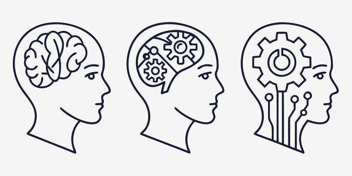 Human brain with gears and cogs set human head line black and white