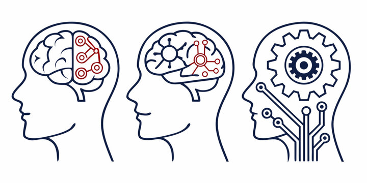 Human brain with red gears and cogs set human head line black and white