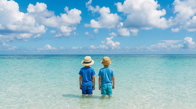 Authentic siblings admiring the idyllic turquoise ocean view during summer vacation