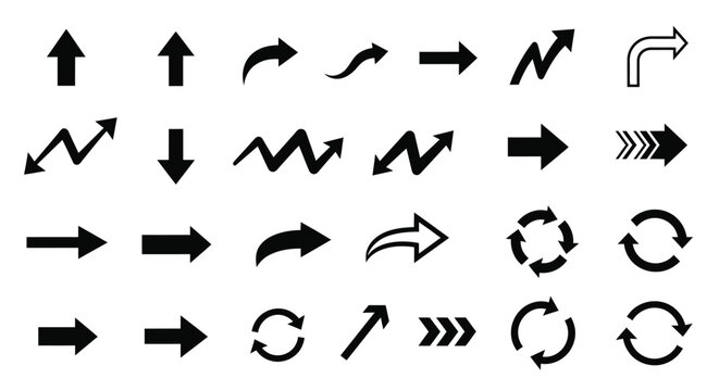 Collection of various black arrow symbols and curved directional indicators