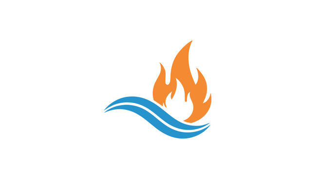 Stylized graphic of fire flames above a flowing water wave