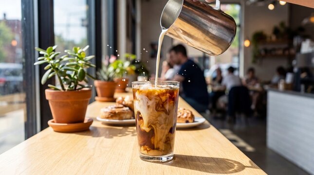 Coffee Pouring: Captivating image of creamy milk being poured into a refreshing iced coffee, creating a visual symphony of textures and flavors.