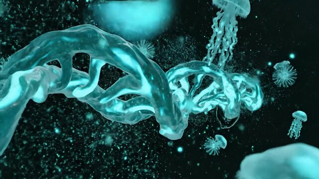 Cinematic 3D visualization of glowing DNA strands floating amongst bioluminescent jellyfish, deep ocean genetic research concept, scientific animation for medical or biology