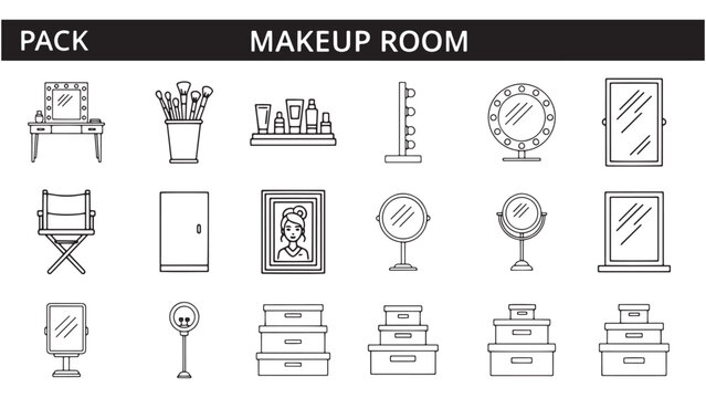 Makeup Room Icon Set, Beauty Salon Equipment and Cosmetic Studio Elements Illustration