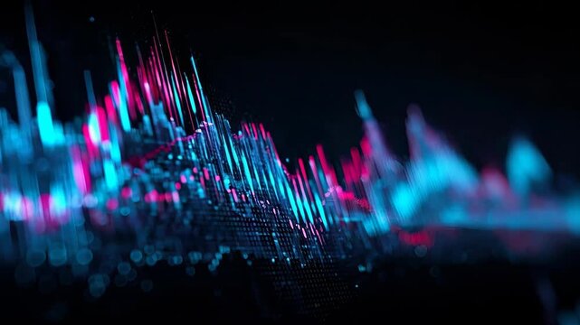 Abstract futuristic 3D stock market data visualization with neon glowing charts