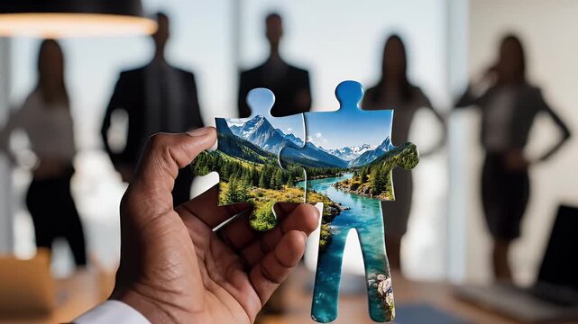 Hand holds two interlocking puzzle pieces depicting a serene mountain landscape with a river
