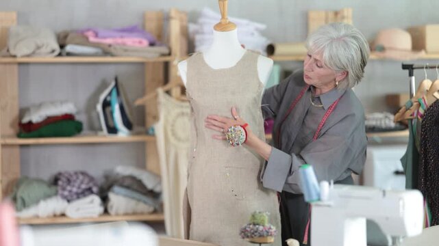 Attentive mature female dressmaker working with tailor's dummy in sewing workshop
