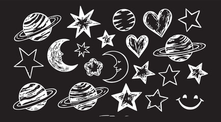 Set of childish crayon space objects and aliens isolated on white background. Vector cartoon illustration of funny chalk Earth, doodle stars, alien creatures and spacecraft © CreatAr8