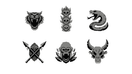 Fototapeta premium Dynamic showcase of lion, skull, snake, spears, and bull symbols in stark black-white graphic icons viewed head-on on a plain background