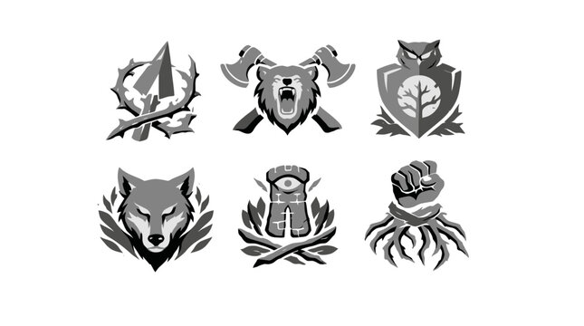 Examining six bold black‑and‑white logos on a plain backdrop, showcasing a dagger, shield, wolf, tree, and fist emblem in a dramatic composition