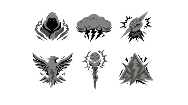 hooded figure, lightning cloud, jagged sun, soaring bird, and rugged mountain on a plain background
