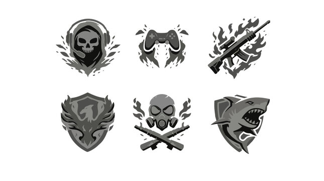 Showcasing six bold grayscale logos featuring skull, arm, shield, shark and flame motifs arranged in two rows on a plain backdrop, viewed frontally