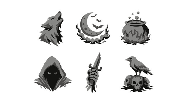 A dark gothic showcase of wolf, moon, cauldron, dagger and crow icons arranged on a white canvas, viewed from a front perspective
