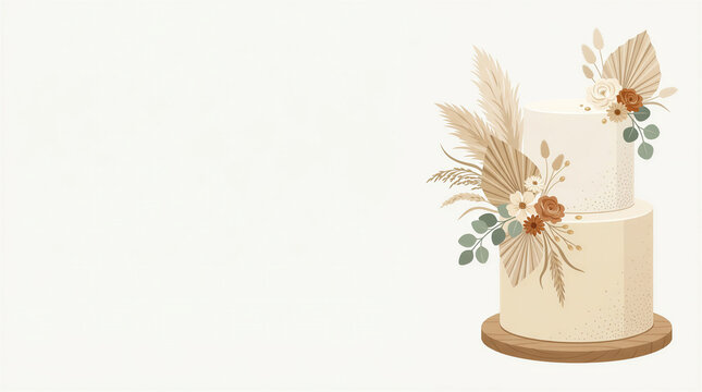 Elegant wedding cake decorated with flowers and foliage on stand  