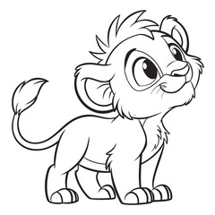 Adorable baby lion cub cartoon character looking up coloring page © Proi