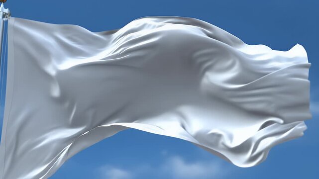 A white flag flutters gracefully against a clear blue sky, its fabric rippling