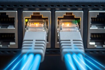 Obraz premium High-Speed Ethernet Cables Connected to Network Switch with Glowing Data Flow – Internet Connectivity, Data Transfer and Cyber Technology Concept