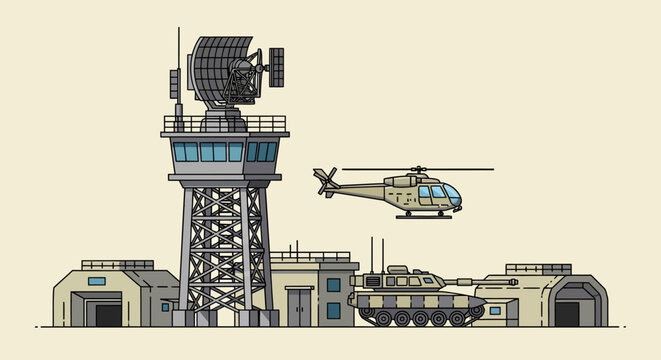 Military base with radar tower, helicopter, and tank