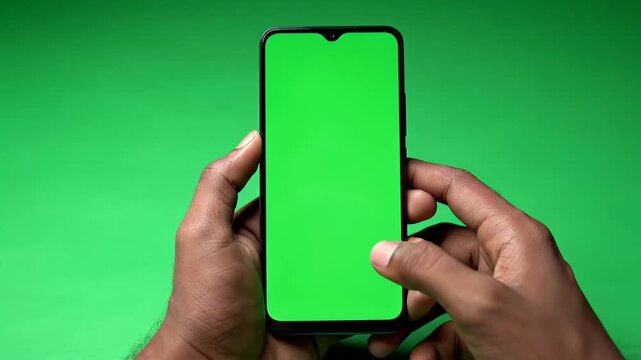 Hands holding a smartphone with a green screen against a vibrant green background
