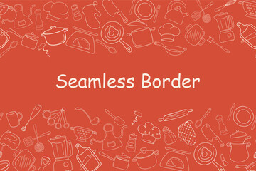 Naklejka premium Seamless border repeatable pattern white line art kitchen tools, cooking essentials, cookware, tableware pots, pans, spatulas, knives on red background for food packaging, menus and recipe design.