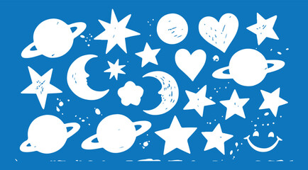 Set of childish crayon space objects and aliens isolated on white background. Vector cartoon illustration of funny chalk Earth, doodle stars, alien creatures and spacecraft © CreatAr8