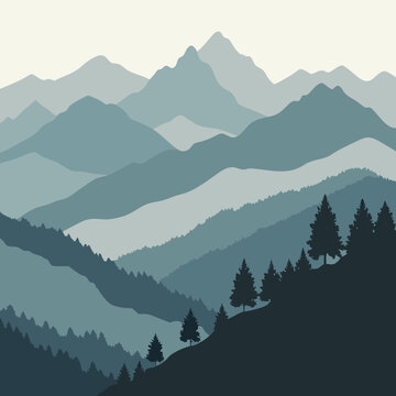 Layered mountain landscape with pine forest and fading hues for nature concepts