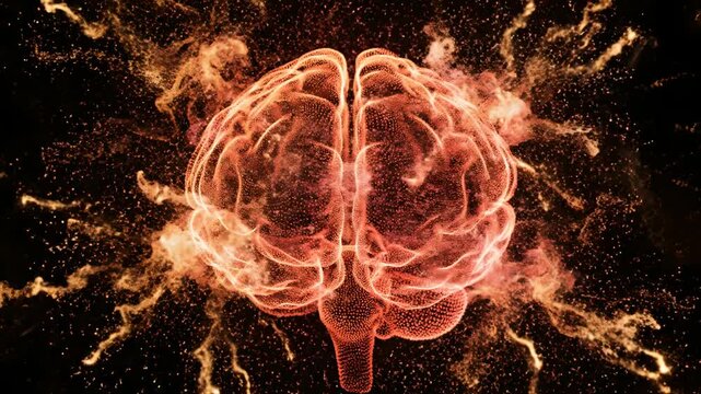 Human brain neural activity visualization, cognitive processing concept with glowing synapses and dynamic thought patterns, neuroscience research background