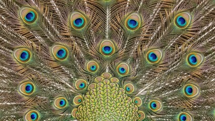 Obraz premium A vibrant peacock displays its colorful feathers and intricate patterns