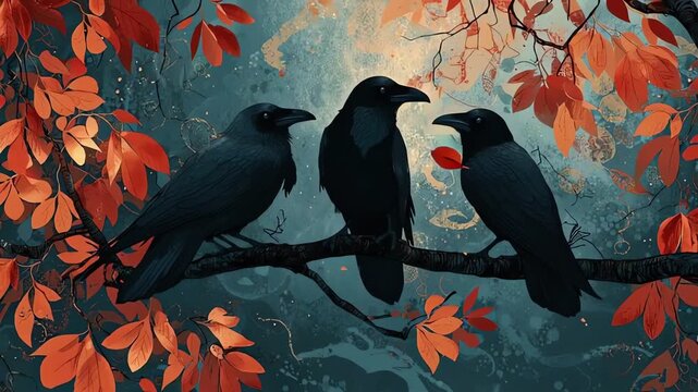 Three black crows perched on a branch in an autumn forest