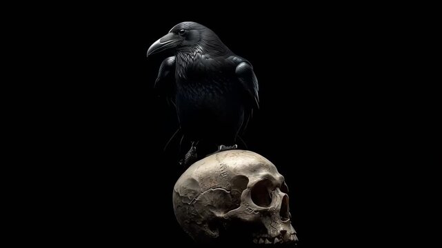 Raven Perched on a Human Skull on Black Background