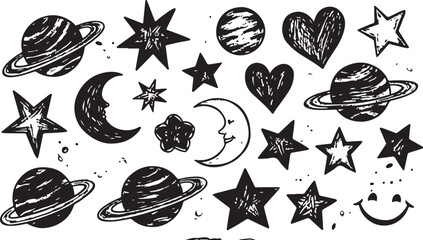Hand drawn doodles cartoon set of space objects and symbols. Color doodle space elements on white background. Vector © CreatAr8
