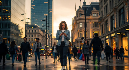 Obraz premium Young woman in a casual denim jacket walking on a busy metropolitan city street at dusk while looking down at her smartphone with pedestrians in bokeh