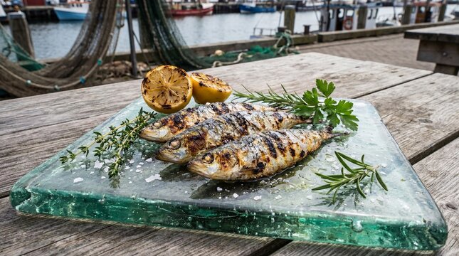 Seafood Delight: Grilled sardines served on a transparent platter, adorned with sprigs of fresh rosemary and halved lemon, evoking a sense of culinary artistry and seaside freshness.