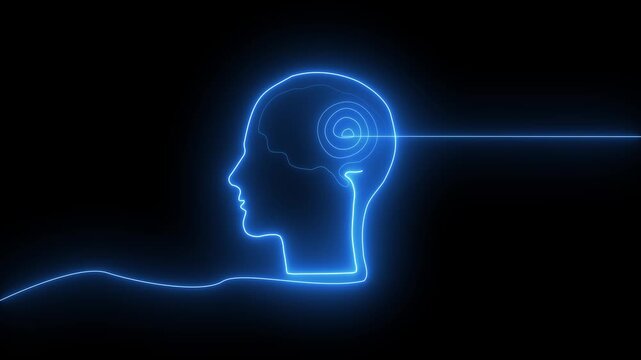 Glowing Blue Human Head with Electric Brain Waves and Light Pulsar Technology Concept