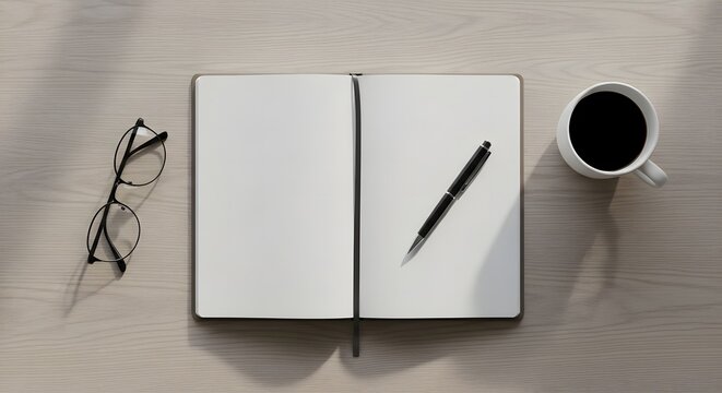 Open notebook and pen with eyeglasses and coffee cup on a wooden desk, ideal for creative writing or journaling inspiration