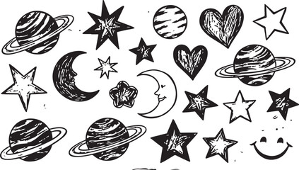 Hand drawn doodles cartoon set of space objects and symbols. Color doodle space elements on white background. Vector © CreatAr8