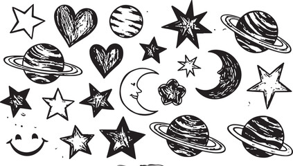 Hand drawn doodles cartoon set of space objects and symbols. Color doodle space elements on white background. Vector © CreatAr8