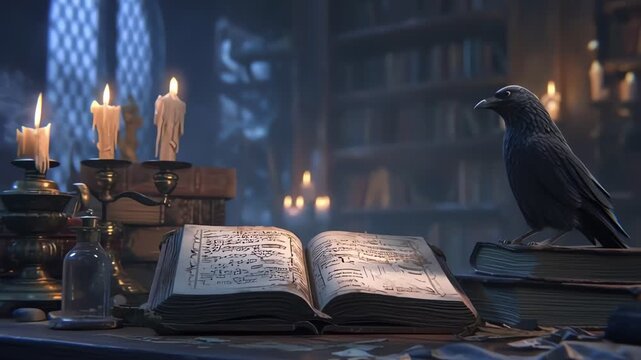 Black Raven Perched by Enchanted Spellbook in Dark Library