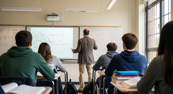 A male professor points to a smartboard displaying complex geometry and math equations while students sit at their desks in a modern bright classroom.