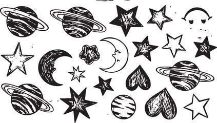 Hand drawn doodles cartoon set of space objects and symbols. Color doodle space elements on white background. Vector © CreatAr8